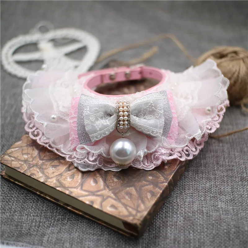 

Handmade Adorable Adjustable Leather Dog Collar Pet Accessories 4 Colors Lace Bow Knot Small Cats Puppy Poodle Maltese Yorkie