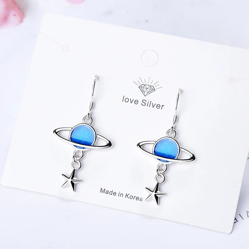 

Karopel 925 Sterling Silver Drop Glaze Blue Universe Planet Circle Long Earrings with Star Pendant Silver Color Fashion Earrings