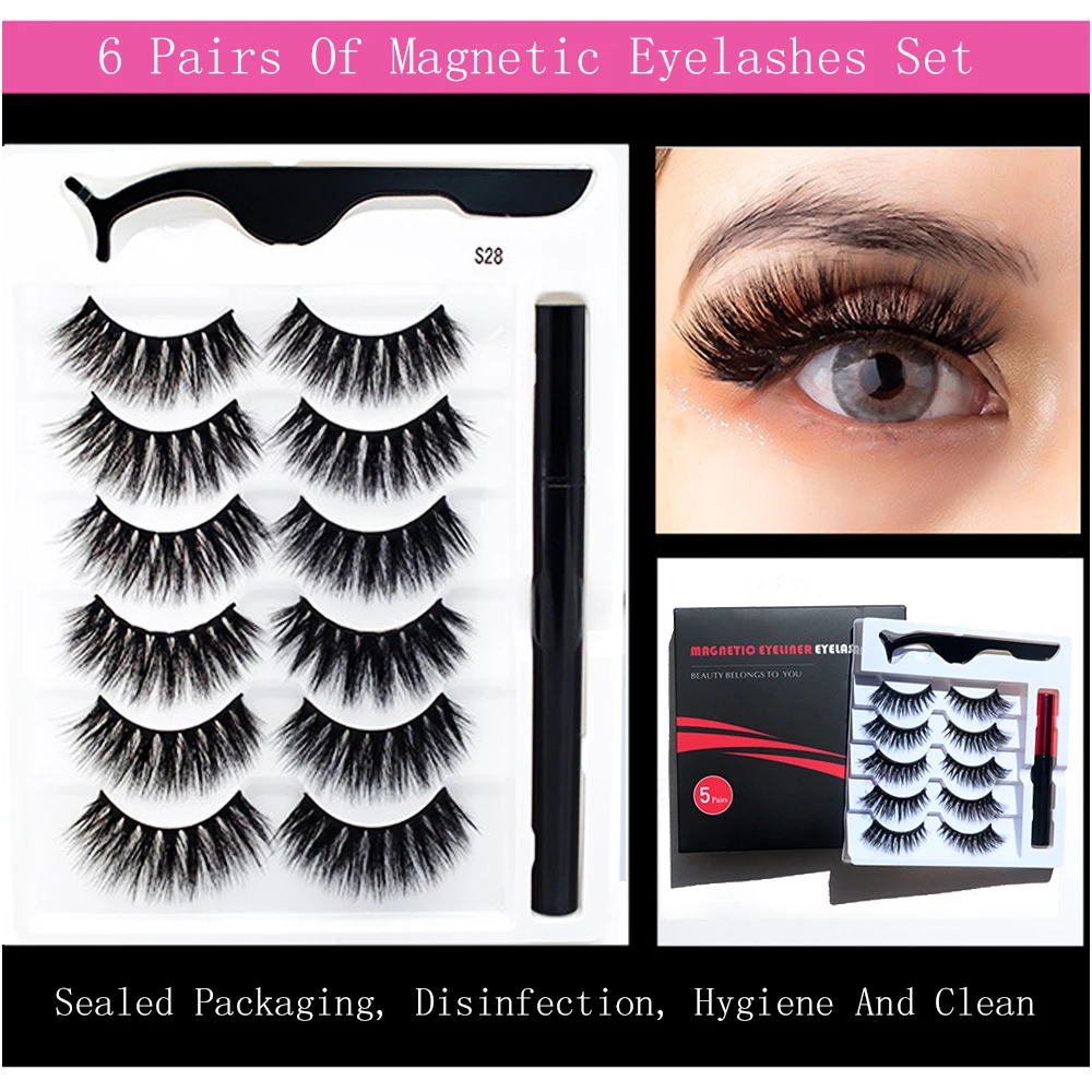 

Free Shipping Magnetic False Eyelashes Magnetic Liquid Eyeliner Eyelash Set 6 Pairs Naturally Exaggerated Thick False Eyelashes