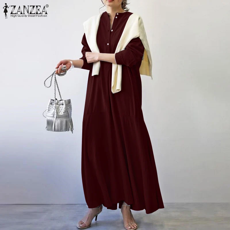 

ZANZEA Fashion Solid Dress 2022 Spring Loose Long Maxi Vestidos Women Vintage Long Sleeve Robe Ladies Casual Oversize Dresses