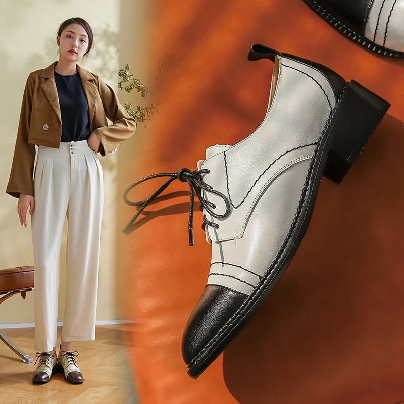 

Autumn Party Working Shoes Woman Elegant Cross Tied Shallow Shoes For Women Genuine Leather Platform Chunky Heels Pumps