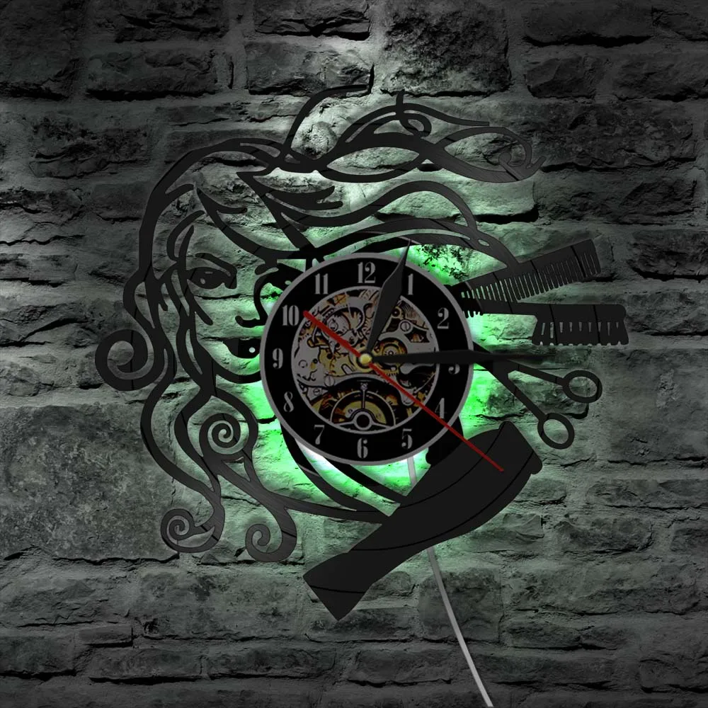 Барбершоп виниловая запись светодиодный настенные часы современный дизайн