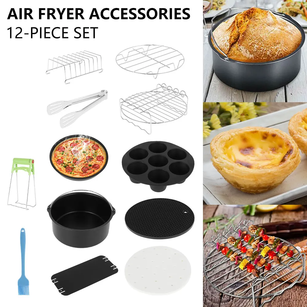 

6/12pcs 8 Inch Air Fryer Accessories Chips Baking Basket Pizza Plate Grill Pot Frying Cage Dish Pan Home Kitchen Cooking Tools