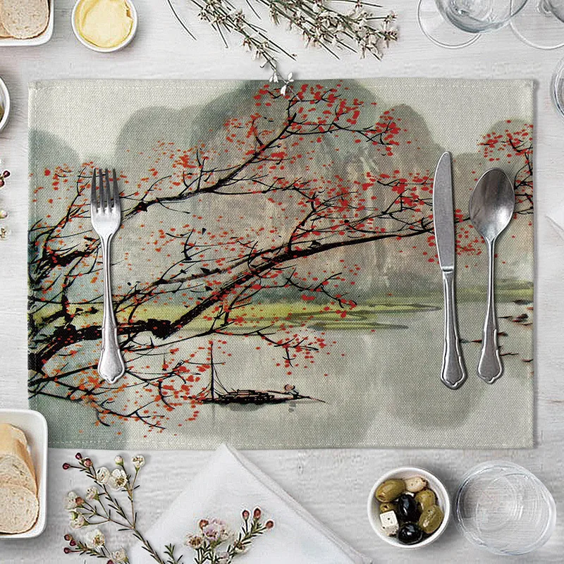 Chinese Style Table Napkin Dining Mountain Pattern Placemat Kitchen Tool Tableware Pad Coaster Party Decorations | Дом и сад
