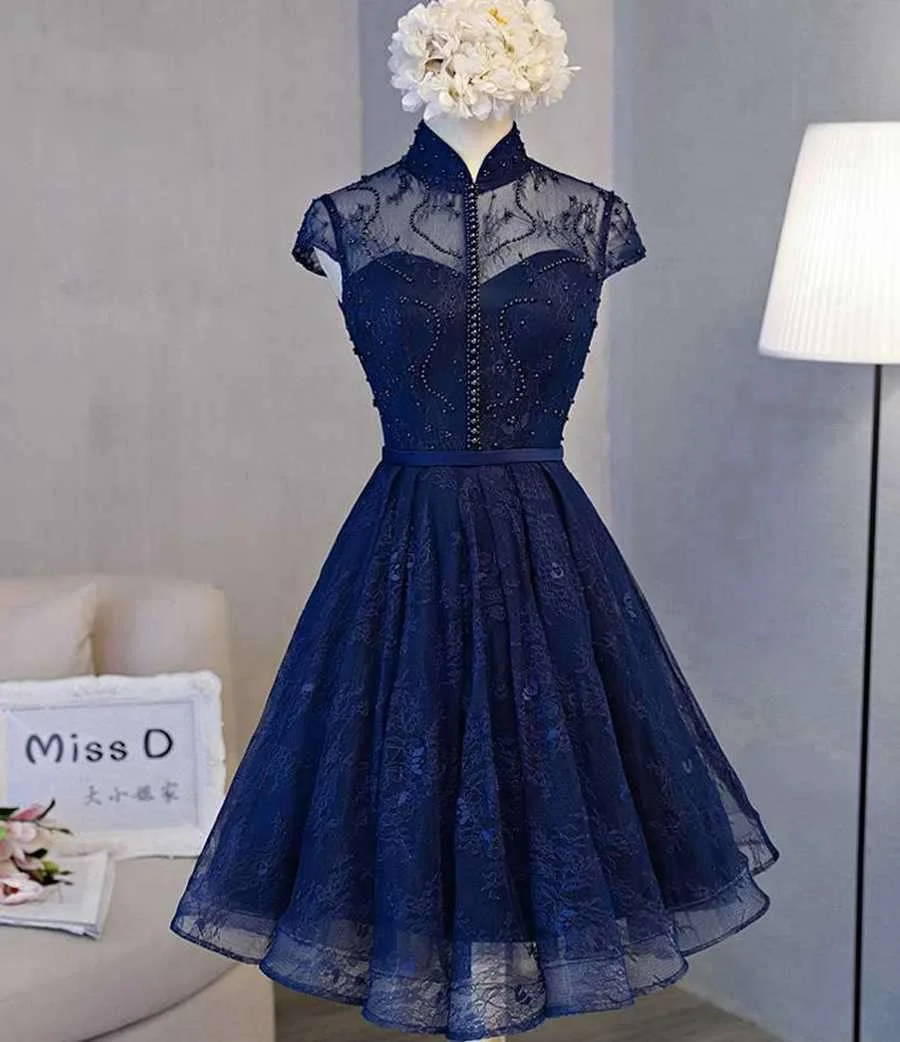 

Zoulv Beaded High Neck Backless Graduation Gown A-line Applique Lace-up Party Dress Short Blue Tulle with Lace Homecoming Dress