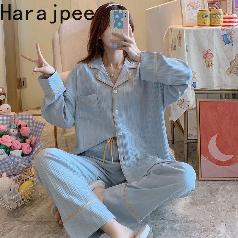 

Harajpee Pajamas Women's Spring and Autumn New Pure Cotton Long Sleeve Home Clothes Two-piece Suit 2021 Leisure Fashion