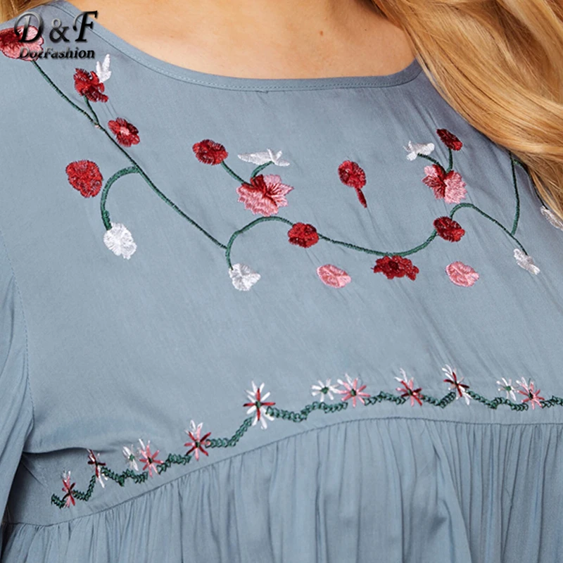 Dotfashion/женская блузка с вышивкой спереди, большие размеры,, Осенние повседневные блузки с открытыми плечами, топ с оборками