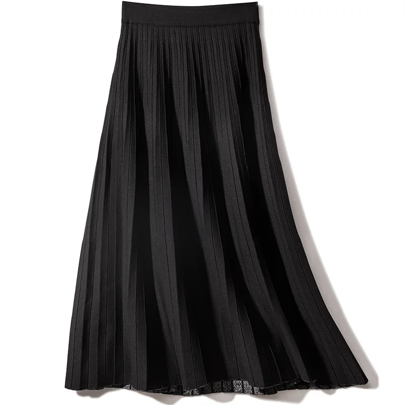 

Women's Knitted Pleated Skirt Ankle Length High Waist Double-sided Wear Elastic Loose Patchwork 2021 Arrival Fashion A Line