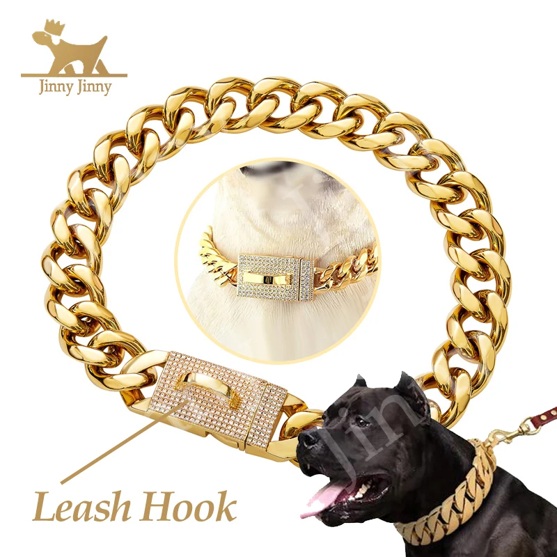 Cuban Link Dog Collar Designer Gold Chain Collar with Zirconia Locking Metal Puppy Collar Luxury Dog Bling Necklace with Diamond