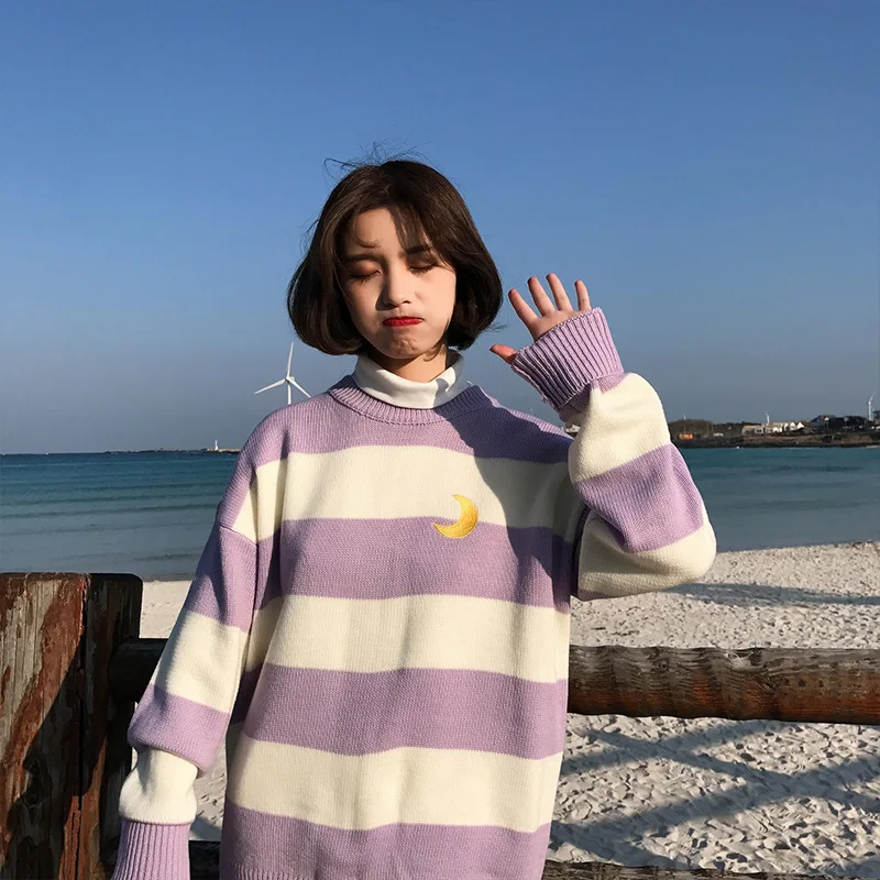 Женские свитера Kawaii Ulzzang в студенческом стиле, популярная цветная полоска, свитер с Луной, Женская Корейская одежда Harajuku, плотная повседневная одежда
