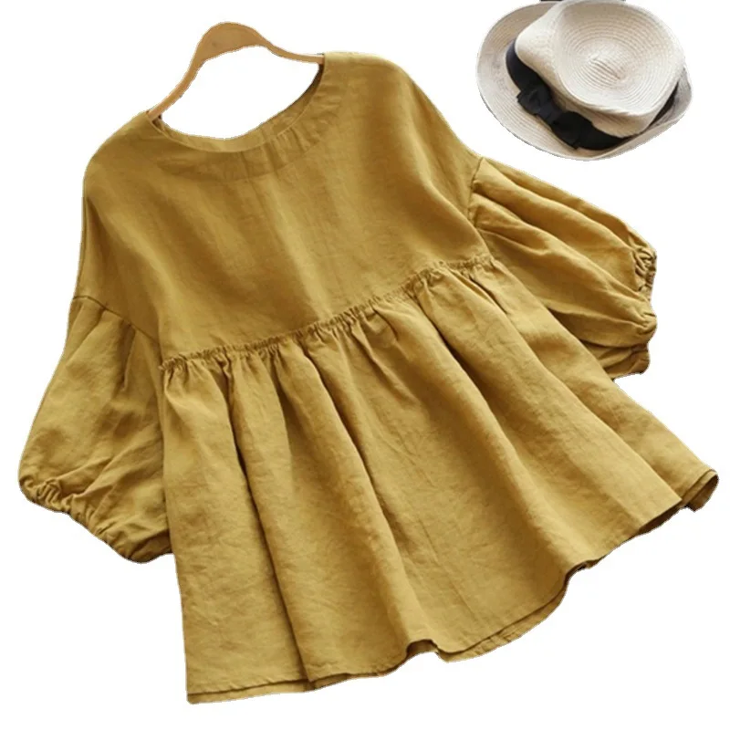 

Solid color cotton and linen round neck mid-sleeve T-shirt women's 2021 spring and summer new large size top