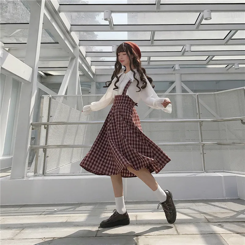 Himifashion Harajuku, женская модная клетчатая юбка на бретелях, бальное платье с высокой талией, юбка с оборками, повседневная шерстяная элегантная клетчатая Женская юбка