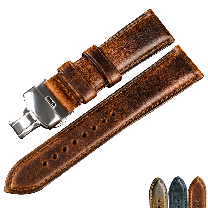 

Handmade Men Oil Wax Leather Watch Strap 20 22MM Butterfly Fold-over Clasp Adaptation Men Cow Leather Watch Strap