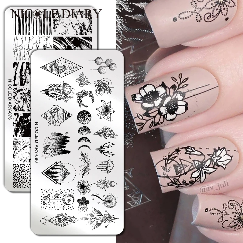 Штамповочные пластины NICOLE DIARY с мраморными полосками цветочный штамп для ногтей