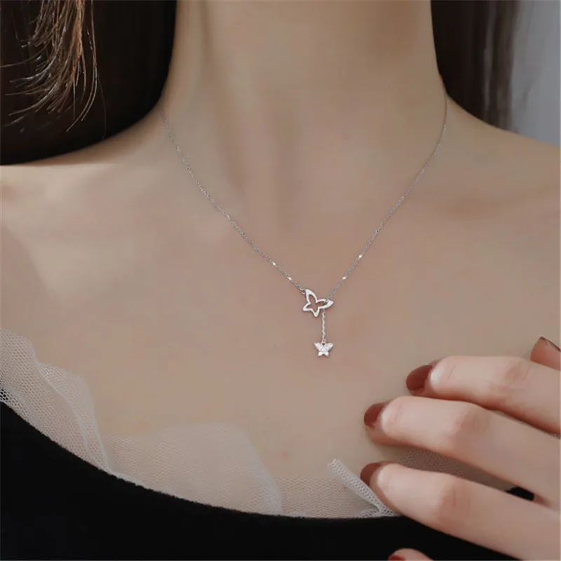 

925 Sterling Silver Zircon Butterfly Charm Necklace Pendant Women Wedding Party Jewelry Accessories Choker dz763