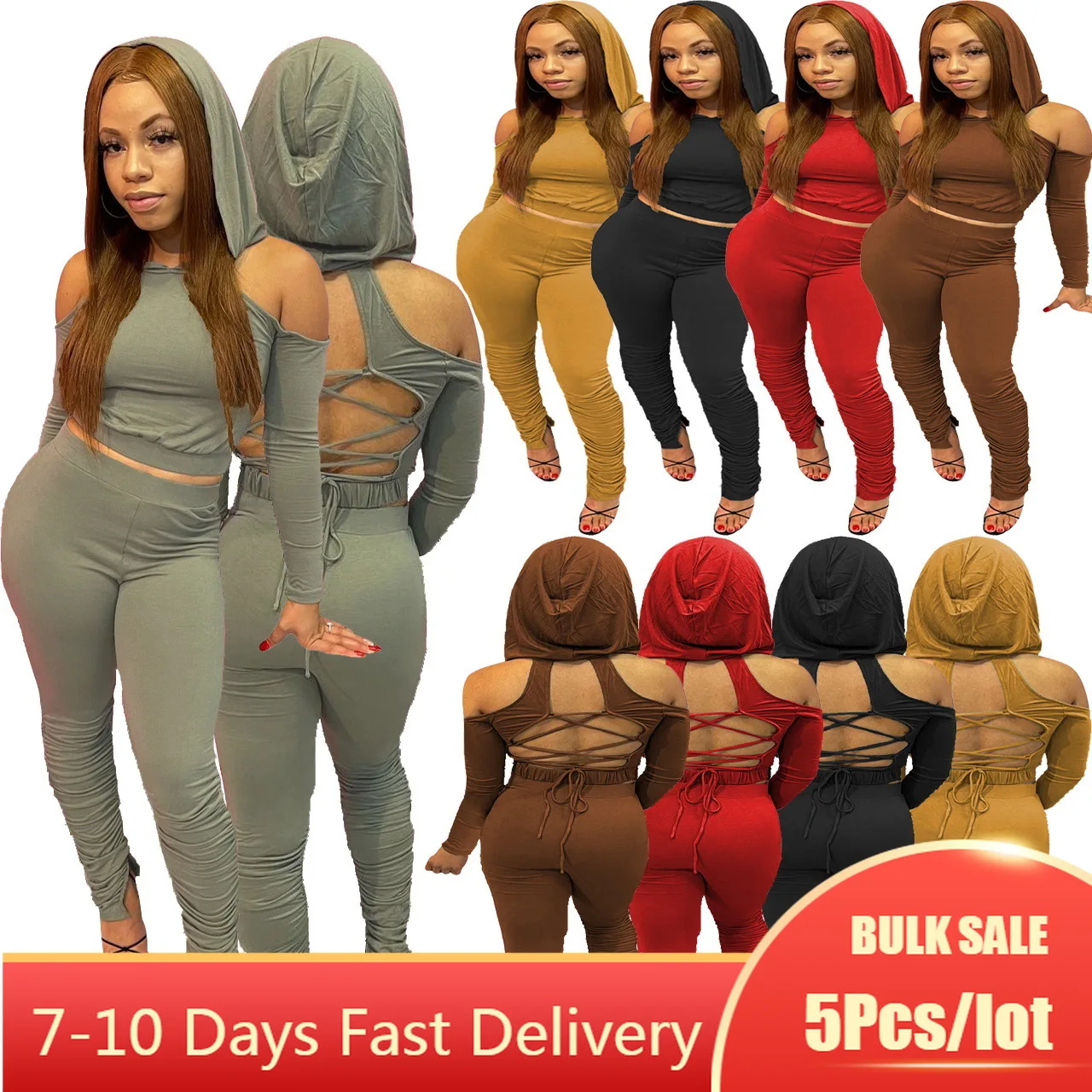 

5PCS Bulk Item Wholesale Lots Casual Two Piece Outfits Women Hoodies Backless Tops High Waist Pants Sets Fall Women Activewear