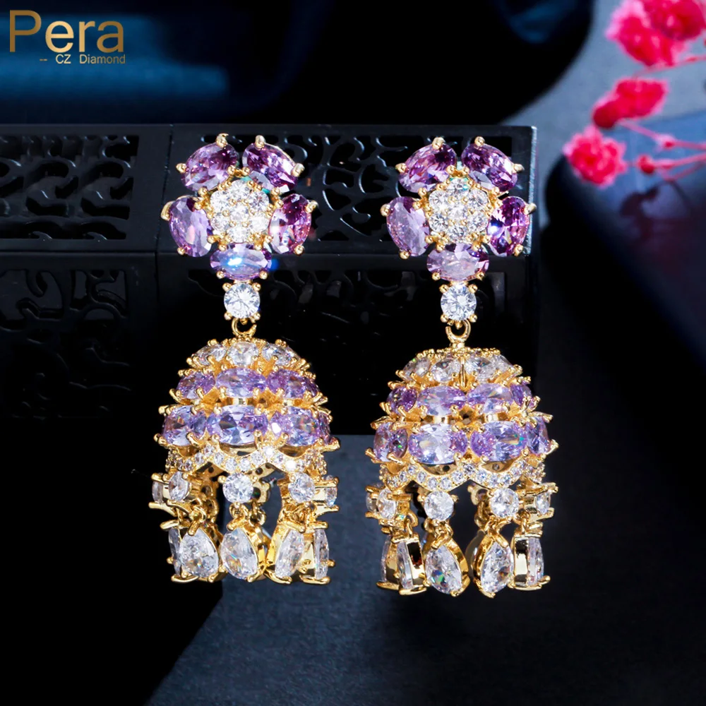 

Pera Decorative Dangle Wind Chimes with Flower Shape Purple White Cubic Zirconia Long Drop Earring Trendy Jewelry for Women E856
