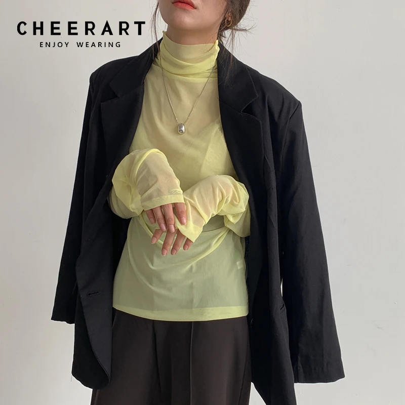 CHEERART Candy Color Long Sleeve Tees See Through Mesh Top Turtleneck T Shirt Women Green Blue Black Pink Yellow Fall Fashion