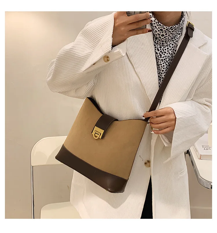 

Trendy all-match one-shoulder diagonal handbag Simple PU Frosted Large Capacity Bucket Bag Literary and art simple shoulder bag