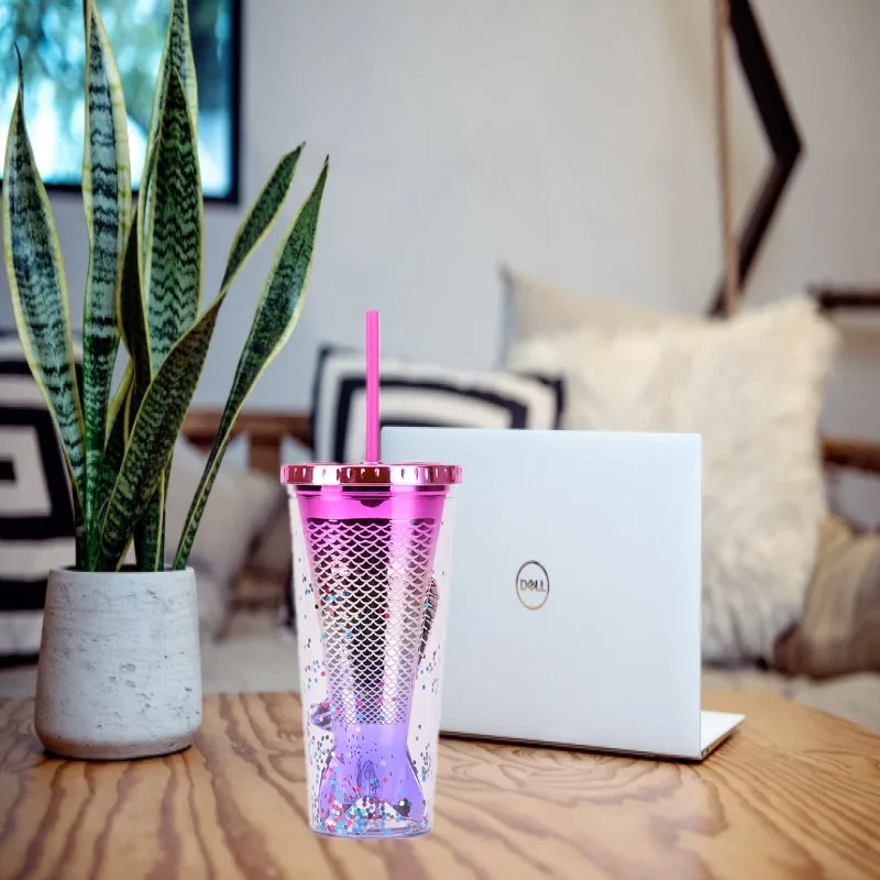 

Новая красная сетчатая двухслойная пластиковая соломенная чашка 350 мл градиентный хвост Русалочки гальваническое покрытие для напитков со...