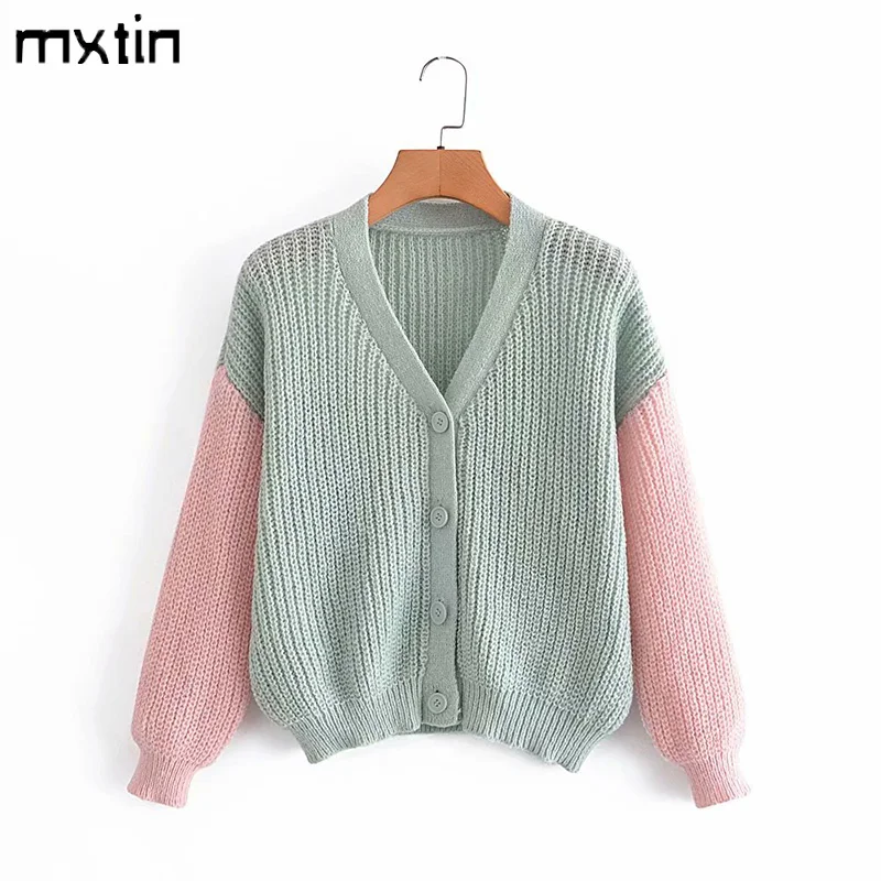 

Женский однобортный Кардиган MXTIN, винтажный свитер с V-образным вырезом и длинным рукавом, верхняя одежда, весна 2021