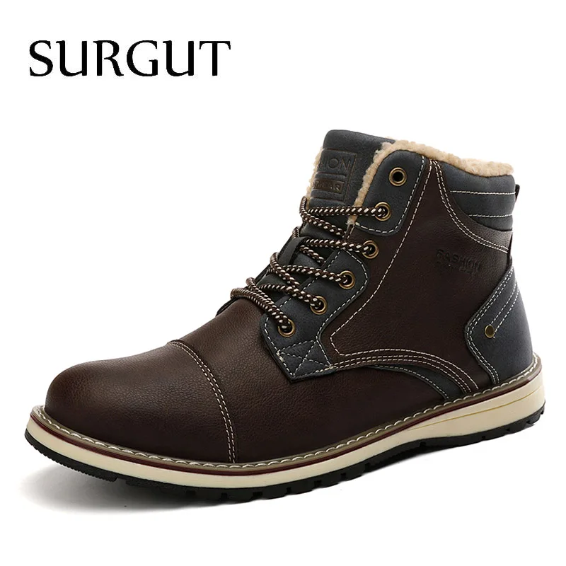 02 Dark Brown SURGUT/Новинка года; зимние теплые мужские ботинки на меху; кожаные водонепроницаемые зимние ботинки; обувь для пустыни; удобные мотоциклетные ботильоны - Цвет: 02 Dark Brown