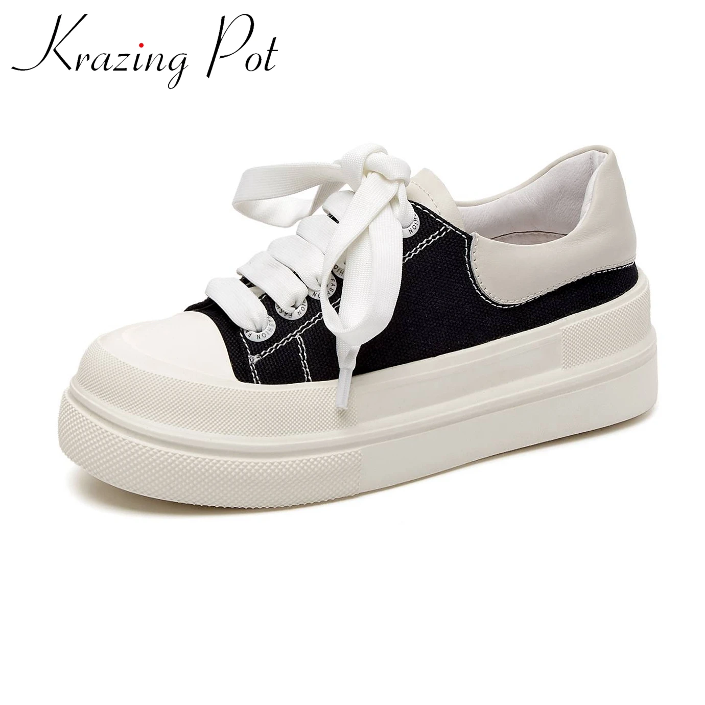 

Krazing pot full grain leather preppy style sneakers lace up cross-tied round toe platform leisure mixed color vulcanized shoes
