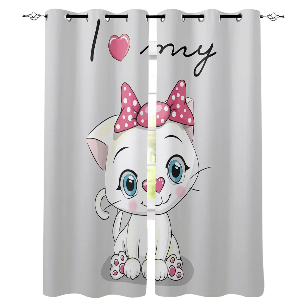 Розовые оконные шторы с котенком и бантом для гостиной кухни детской спальни
