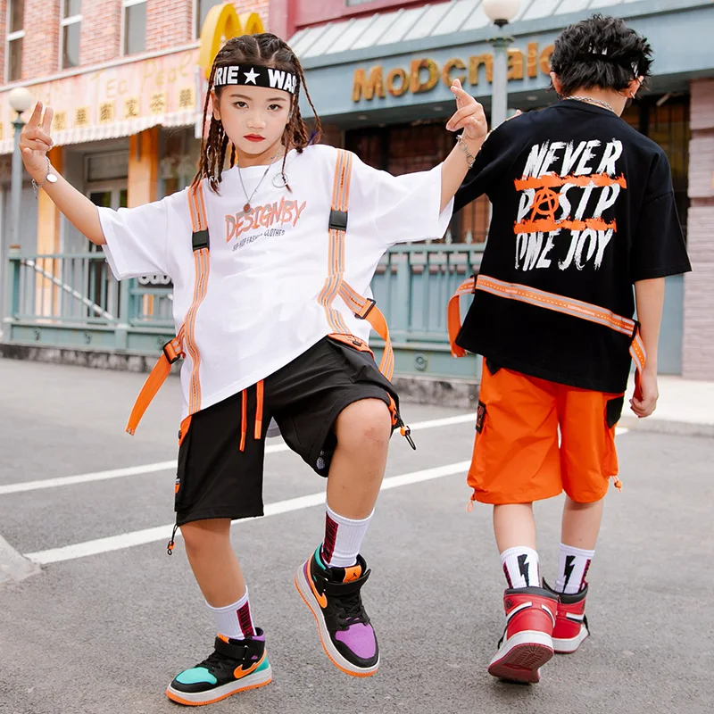 

Boys Girls Streetwear Hip Hop Dancing Clothes Summer T-Shirt Shorts Set Jazz Street Dance Performance Stage Costume VDB4254