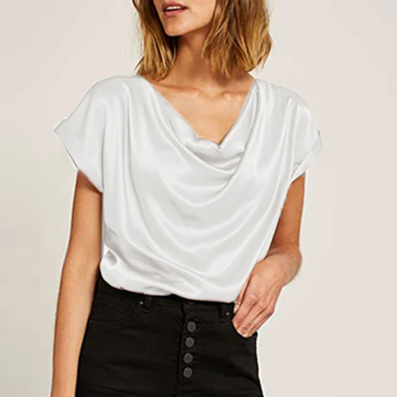 

Office Satin Silk Blouses Women 2021 Elegant Cowl Neck Fashion Tunic Tops Casual Solid Short Sleeve Blusa Plus Size S-5XL