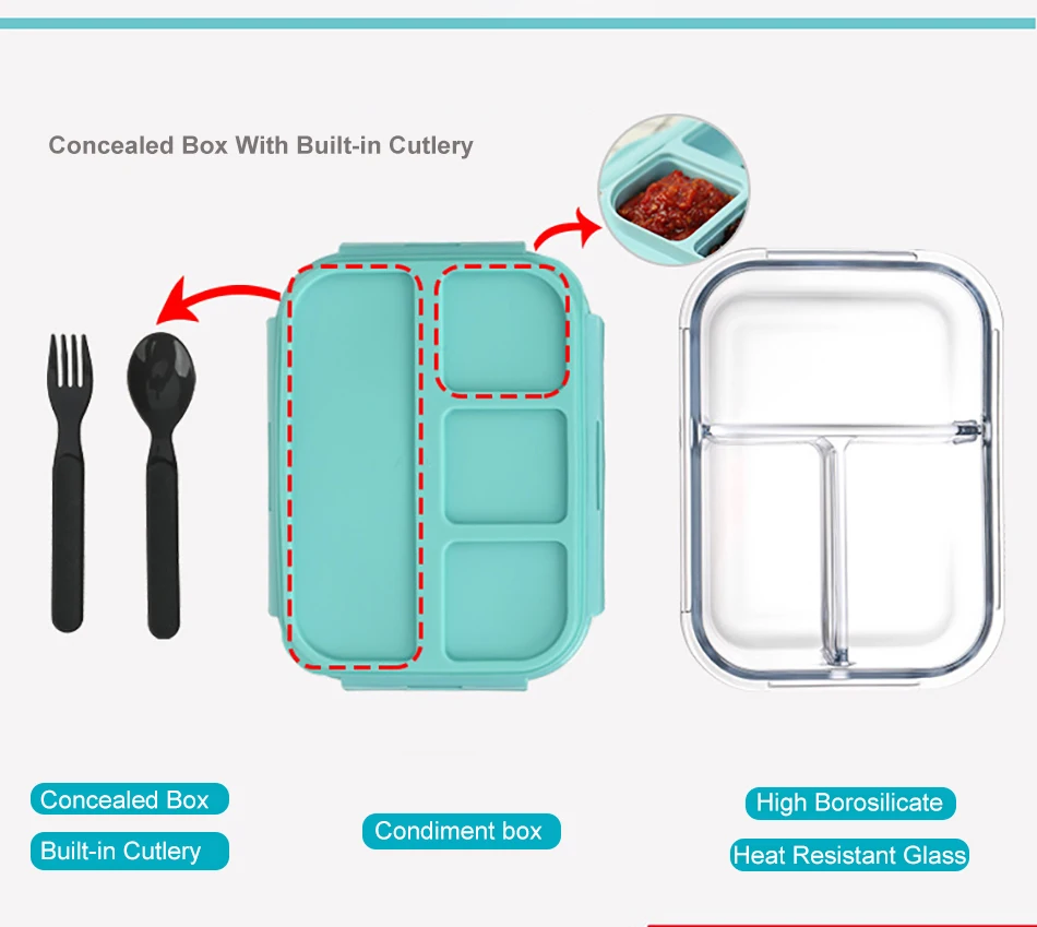 Baispo Ланч-бокс для детей стеклянный микроволновый Bento box контейнер для еды и отсек для хранения школы герметичный кухонный с подогревом
