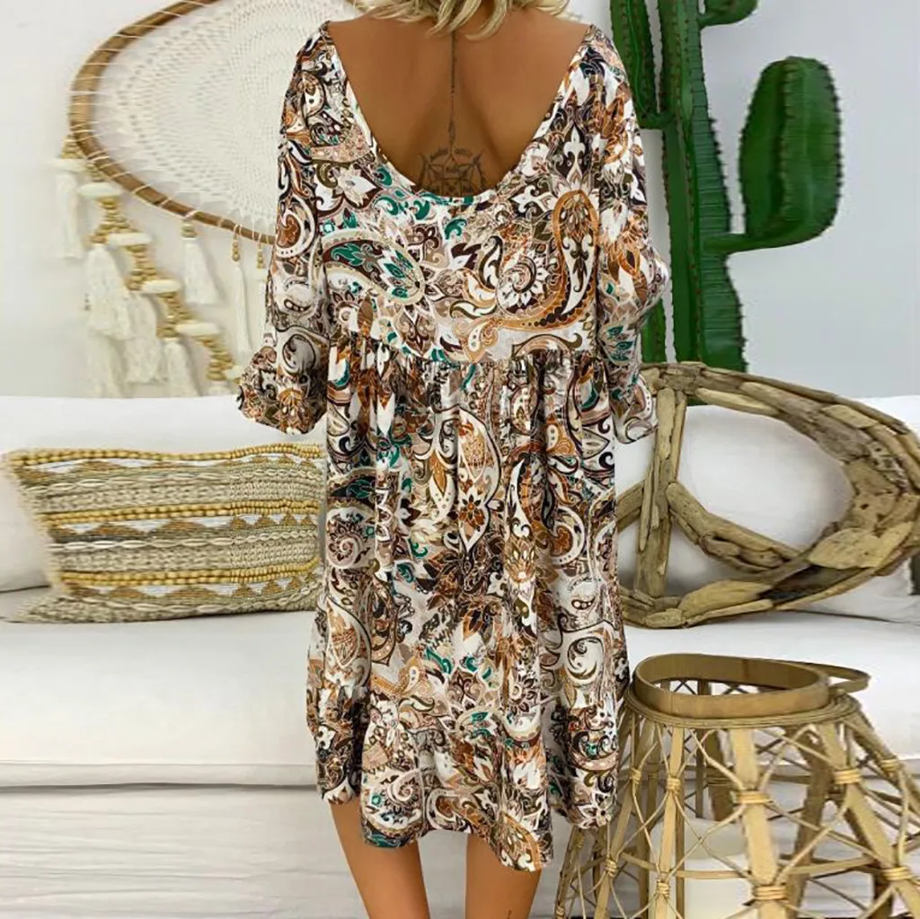 С длинным рукавом на лето свободное платье тонкий Boho Пляжные наряды Для женщин Туника Повседневное галстук-бабочка с v-образным вырезом платье миди с цветочным принтом размера плюс 5XL