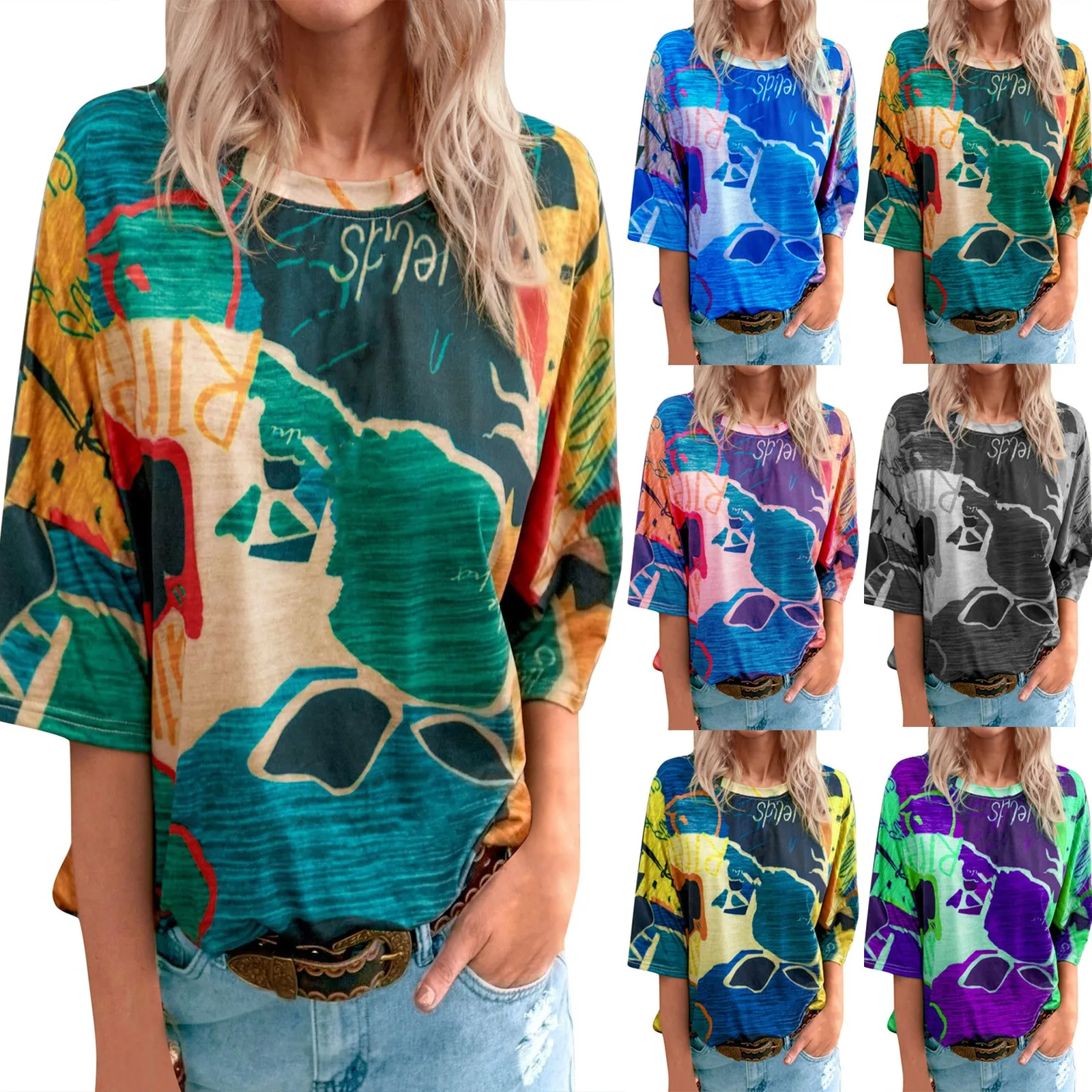 

Женская Повседневная Свободная футболка с принтом карты, Свободный Топ с рукавом до локтя, блузка, модная женская футболка с круглым вырезо...