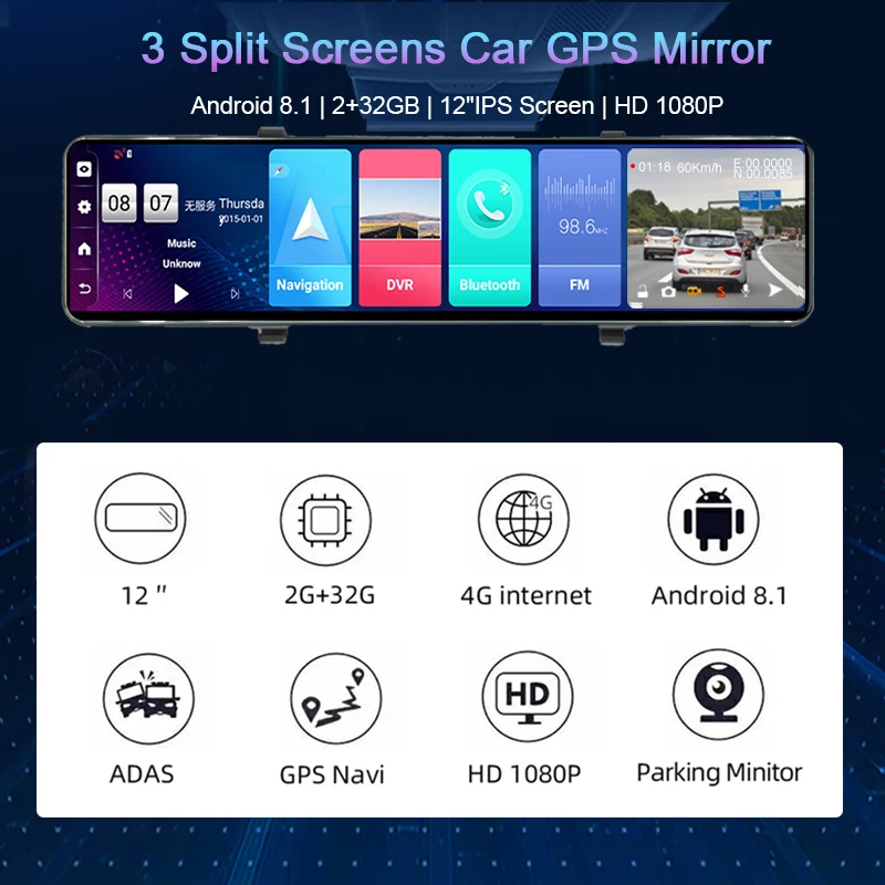 Зеркало-видеорегистратор автомобильный 12 дюймов Android 8 1 HD 1080P WiFi GPS | Автомобили и