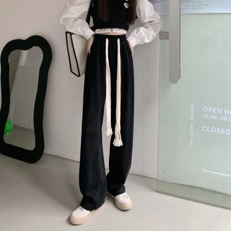 

Повседневные брюки, новинка для детей, осенний стиль, модные свободные прямые брюки в стиле high street ins с завязкой и широкими штанинами, 2021