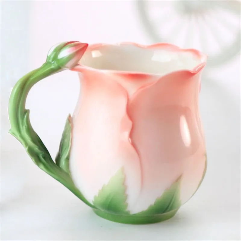 European Style Enamel Ceramic Coffee Mug Creative 3D Rose Flower Shape Teacups Pastoral 4 Colors Breakfast Milk Cups With Spoon | Дом и сад
