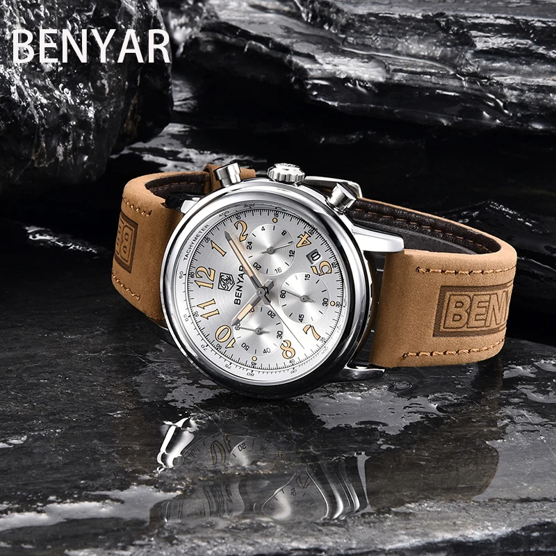 

BENYAR Men's Quartz Wrist Watch Man with Leather Strap Chronograph Sports Men's Watches Waterproof Men Quartz Wristwatches