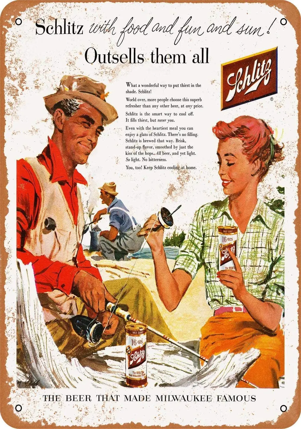 

1956 Schlitz Beer and Fishing Vintage Look Metal Sign Home Decor 8x12 Inch