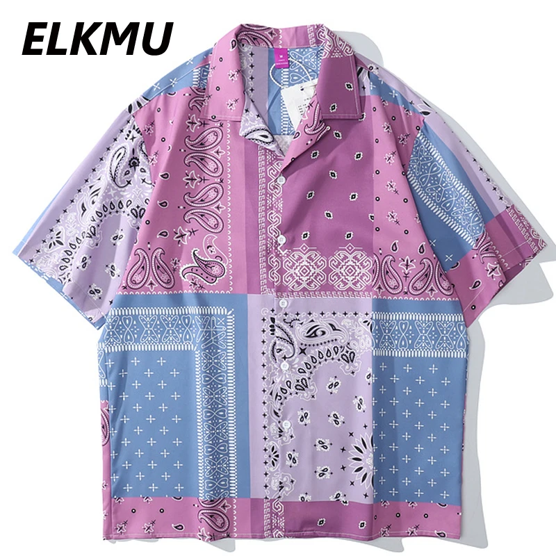 

ELKMU Streetwear Bandana Paisley Shirts Summer Blouse Short Sleeve Patchwork Color Block Beach Shirt Harajuku Tops Male HE675