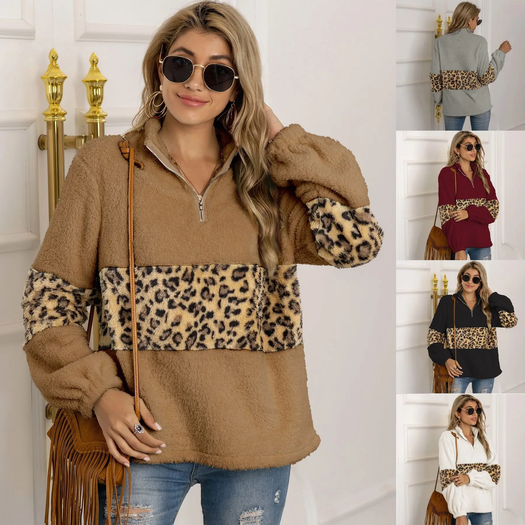 

2021 leopard print stitching long-sleeved plush coat loose plush sweater
