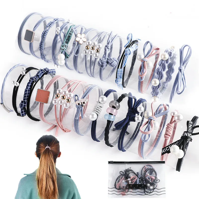 

New Fashion Women Hair Bands Flowers Colored Beads Bow Pearl Hair Rope Elastic Rubber Band Scrunchie Girl Hair Accessories Set