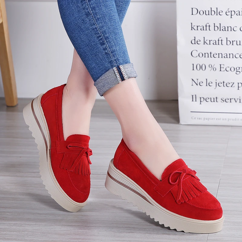 Женские туфли из натуральной бычьей кожи на плоской платформе с кисточками 7