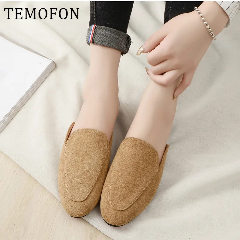 Мюли женские замшевые без застежки однотонные винтажные черные туфли на плоской