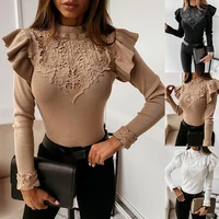 80 new arrival%ef%bc%81%ef%bc%81 women fashion autumn long sleeve ruffle lace patchwork blouse slim bottom top