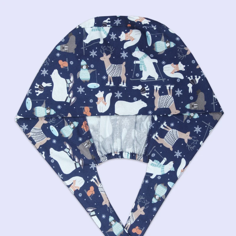 

Elk Snow Bear Scrub Cap Working Chemo Skull Hat Women Men 100% Cotton Forehead Sweatband Back Elastic Beautician Chef Hats M659