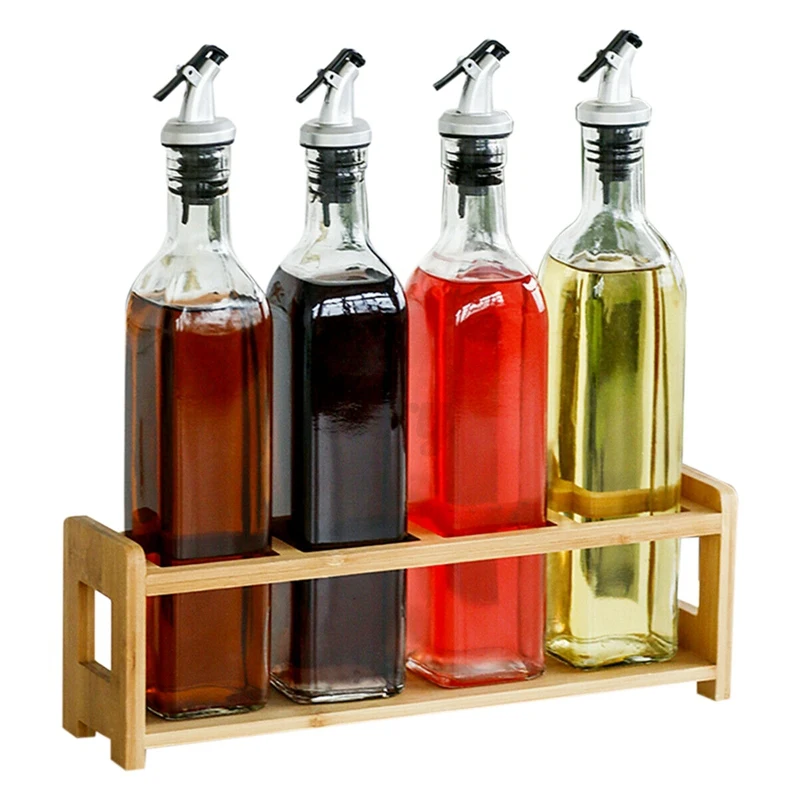 

4X 500Ml Oil Dispenser Olive Vinegar Pourer Cooking Glass Bottle Set with Rack