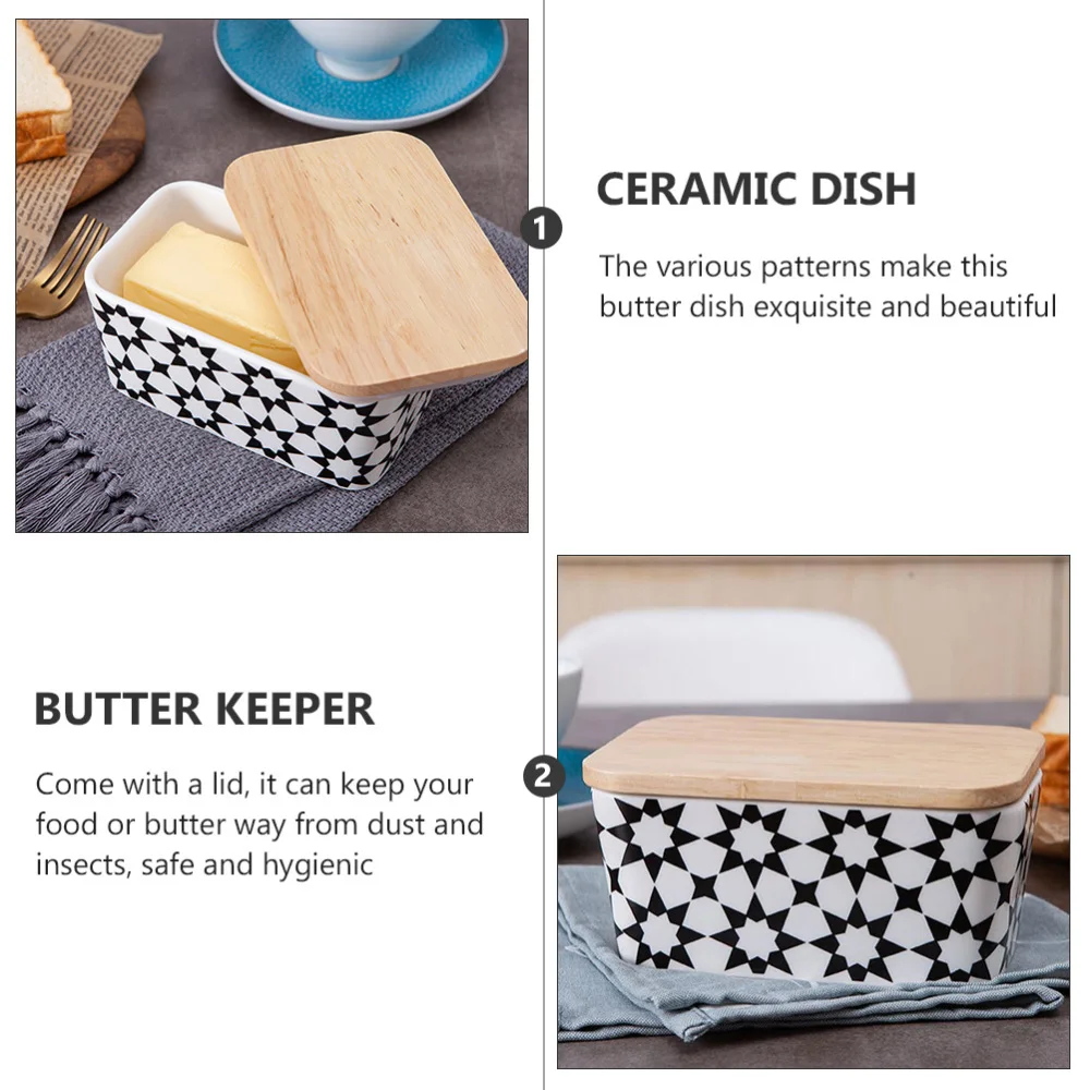 

1Pc Patterned Ceramic Butter Keeper Multi-function Butter Dish with Wood Lid