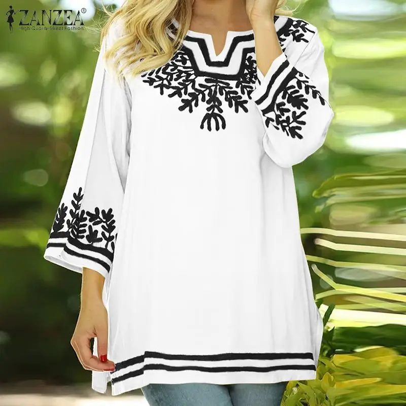 

2022 ZANZEA Women Summer 3/4 Sleeve Beach Blouse Autumn Bohemian V Neck Ethnic Printed Tops Casual Loose Shirts Oversized Blusas