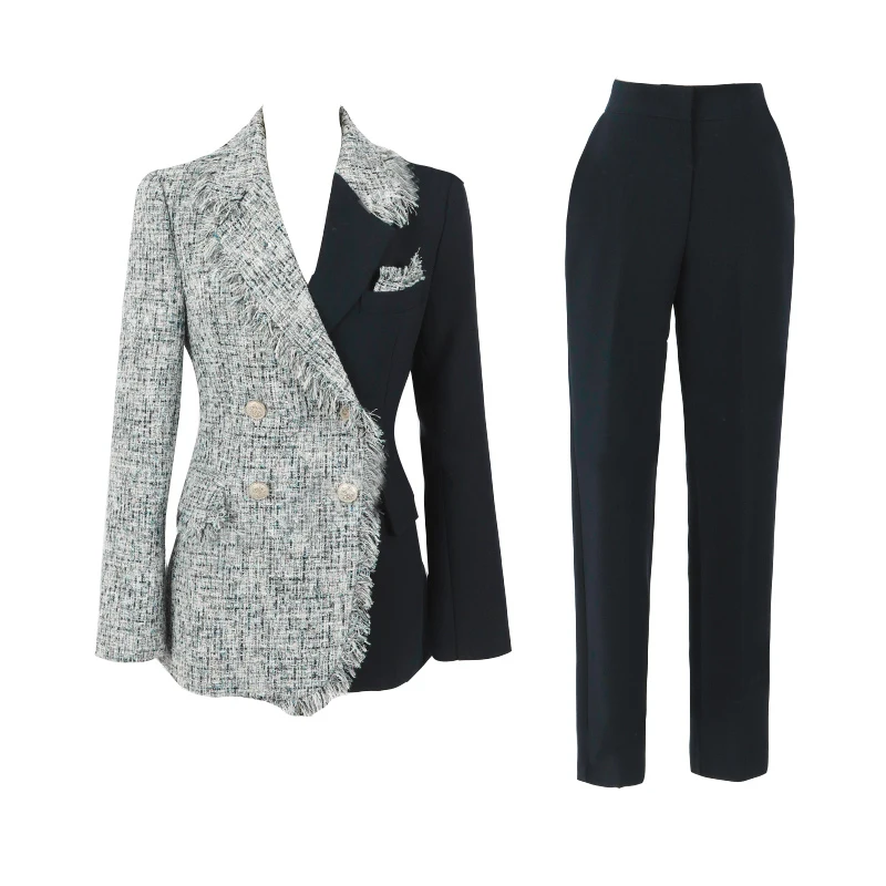 

new arrival fashion work style pant suits Double breasted patchwork blazer and long pants personality elegant vintage pant suits