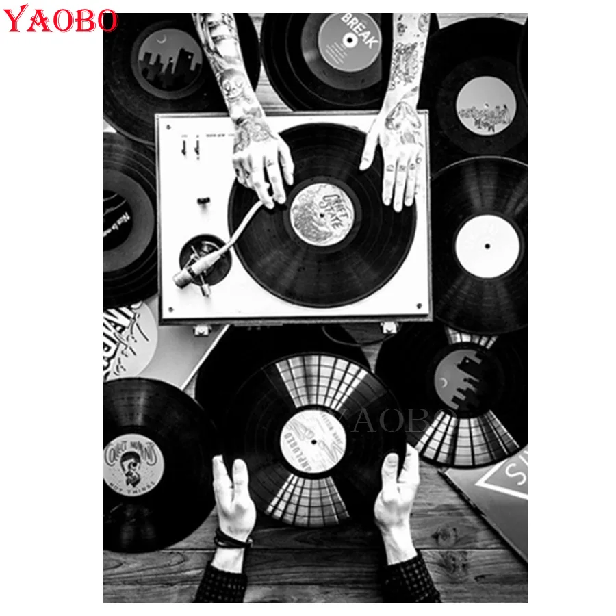 Diy 5d mosaic full embroidery black and white vintage music vinyl records diamond painting mazayka square/round drill decor art